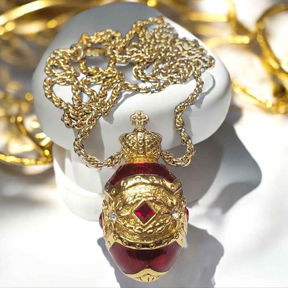 JOAN RIVERS Faberge Imperial Crown Maltese Cross Egg Necklace